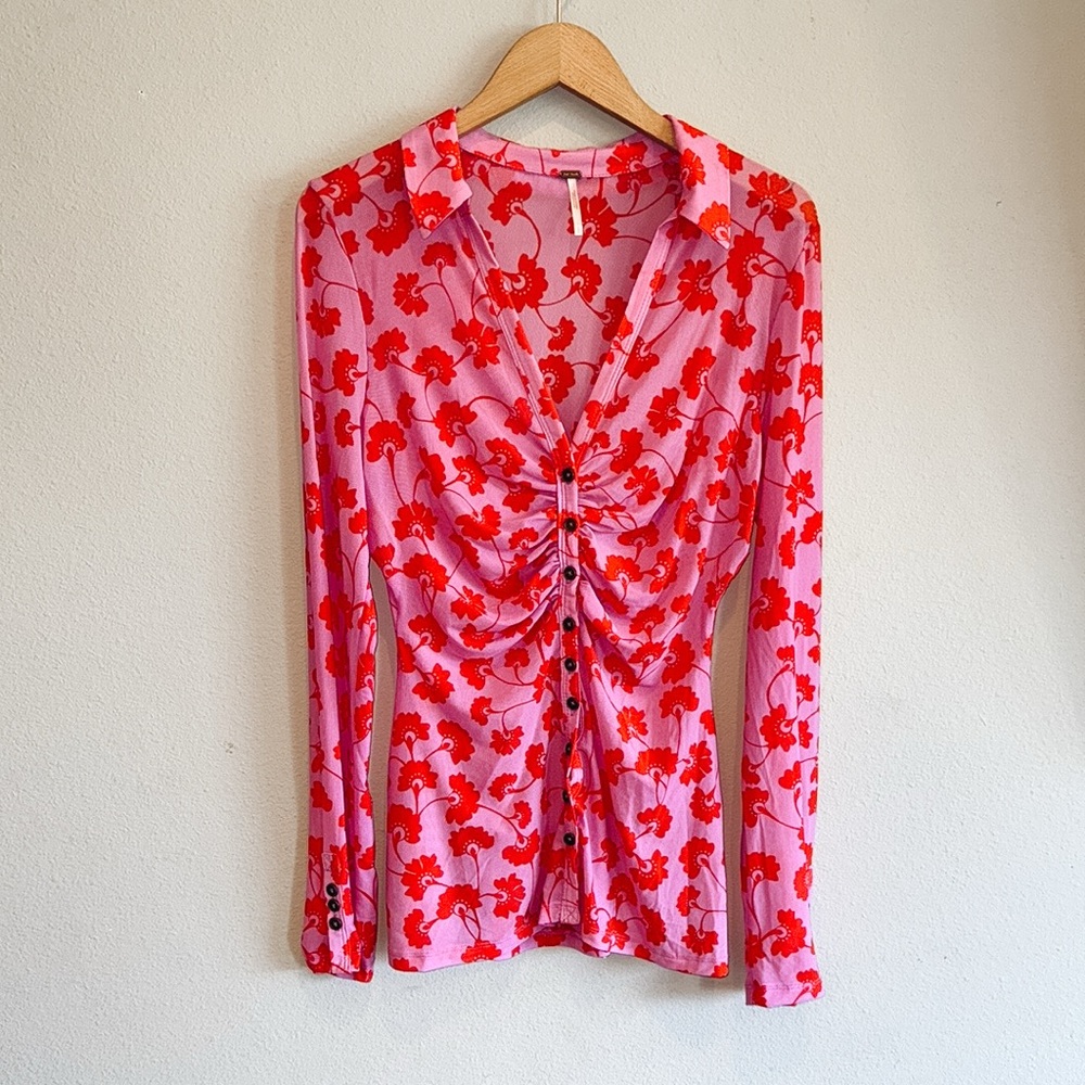 Free People Floral Button-Up Women's Long Sleeve Blouse Top Large